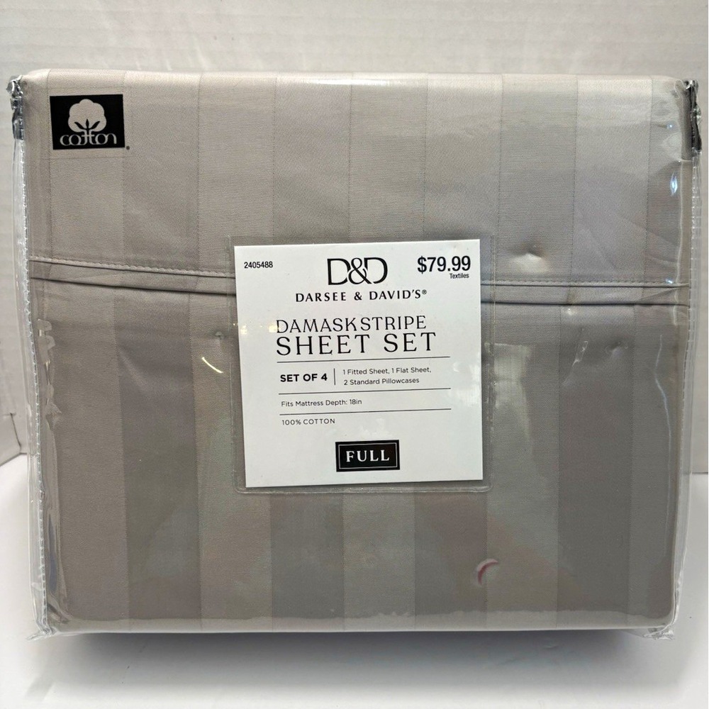 Darsee & David's Full Gray 100% Cotton Damask Stripe 400TC Sheet Set Deep Pocket